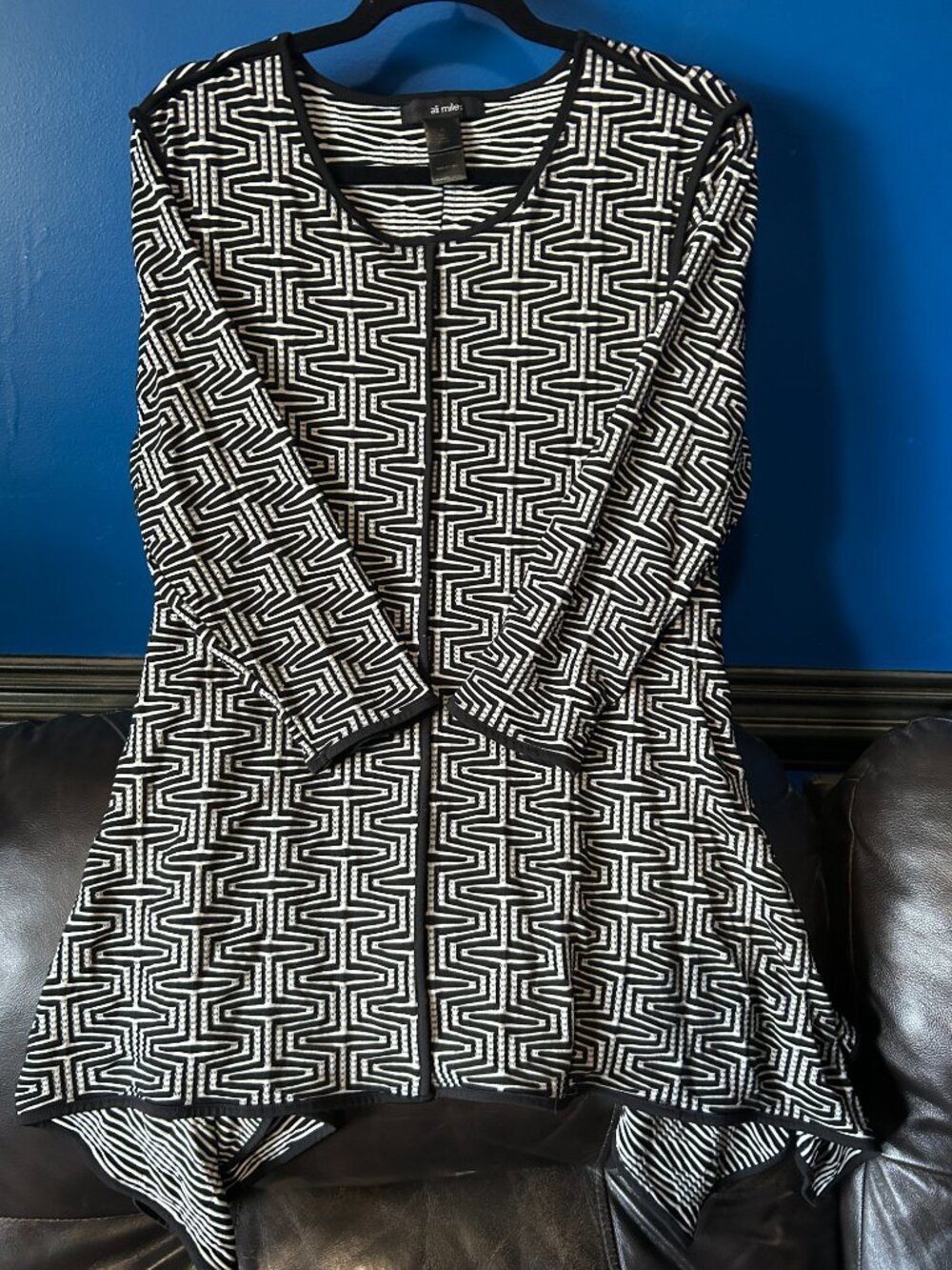 Ali Miles black/white geometric avant tunic top pointed hem goth asymmetrical XL